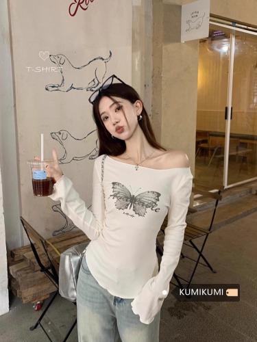 = 40 count pure cotton hot girl bow print long-sleeved T-shirt women's pinch waist niche bottoming top