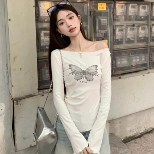 = 40 count pure cotton hot girl bow print long-sleeved T-shirt women's pinch waist niche bottoming top