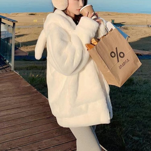 Fufu bunny ears cute lamb plush coat for women winter 2024 new thickened soft and waxy furry cotton coat