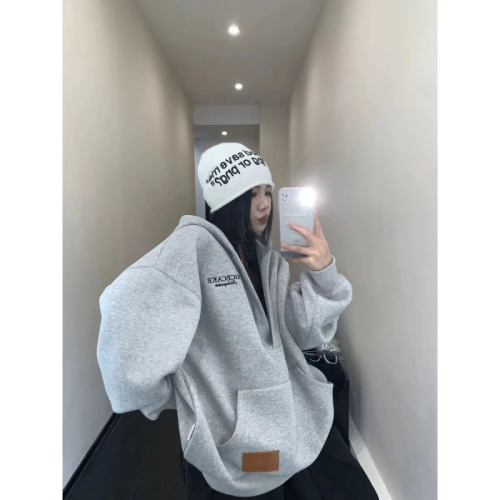 New American style lazy embroidered velvet thickened hooded sweatshirt for women oversize retro top