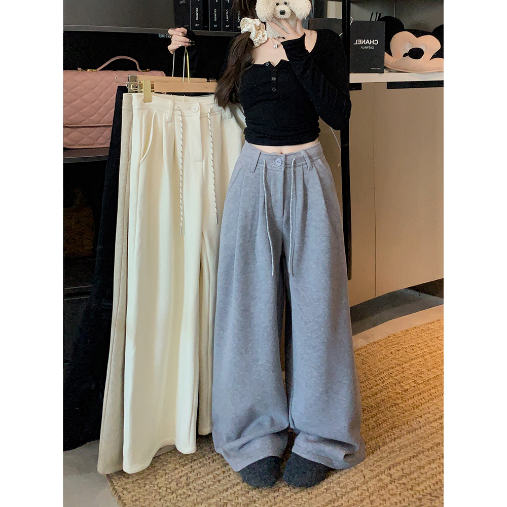 Real shot!  2024 casual cashmere plus velvet drawstring slim straight loose wide leg pants for women