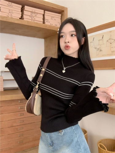 Real shot price Half turtleneck fungus edge long sleeve striped knitted inner layering shirt T-shirt top for women