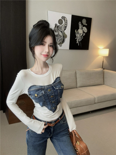 Actual shot~Autumn new Korean version of love heavy industry denim splicing long-sleeved T-shirt hot girl short top for women