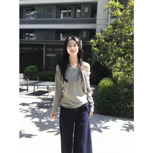 Design niche slant collar off-shoulder long-sleeved T-shirt for women in spring and autumn solid color bottoming shirt Korean style trendy loose top