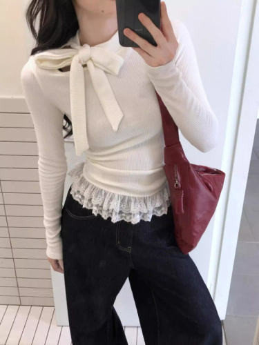 250g comfortable velvet lace bow lace T-shirt slim bottoming long-sleeved top