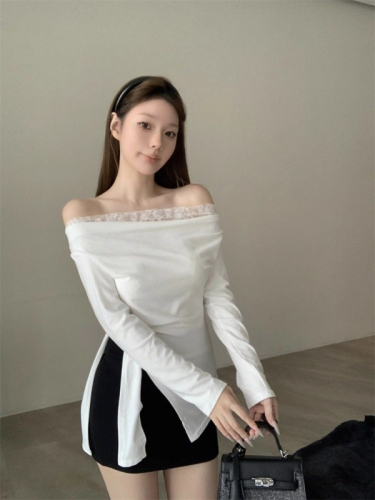 260g rayon modal fake two-piece one-shoulder T-shirt for women with lace stitching long-sleeved slim slit top