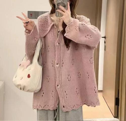 Navy collar hollow French sweater sweater for women 2024 autumn and winter new pink and purple soft waxy knitted top