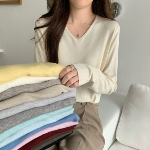 Autumn and winter Korean style v-neck loose 15-color versatile Andy velvet long-sleeved knitted sweater bottoming shirt top