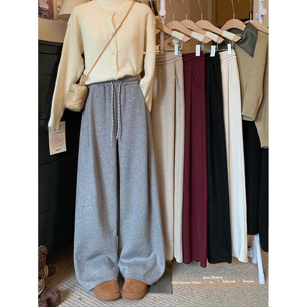 Actual shot! 2024 autumn and winter new style velvet thickened lazy style drawstring drapey wide-leg pants casual pants for women