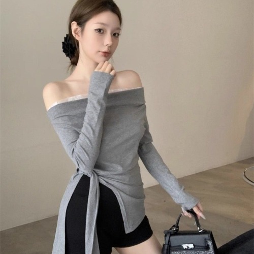 260g rayon modal fake two-piece one-shoulder T-shirt for women with lace stitching long-sleeved slim slit top