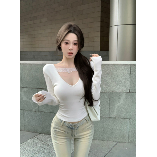 260g rayon lace v-neck long-sleeved T-shirt for women autumn inner layering front and back two-wear short top