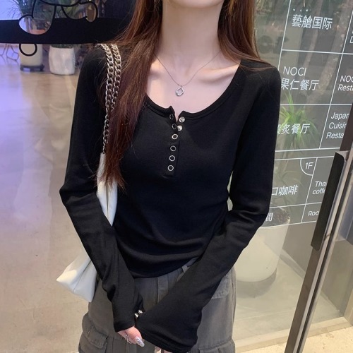 New arrival 40 count pure cotton autumn and winter long-sleeved T-shirt women's slim bottoming shirt solid color buttoned top