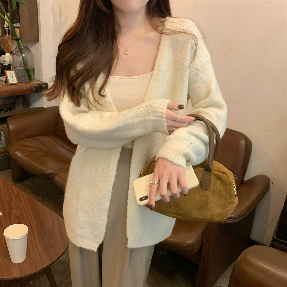 Actual shot of autumn and winter Korean style lazy style wool sweater mid-length cardigan long-sleeved coat sweater