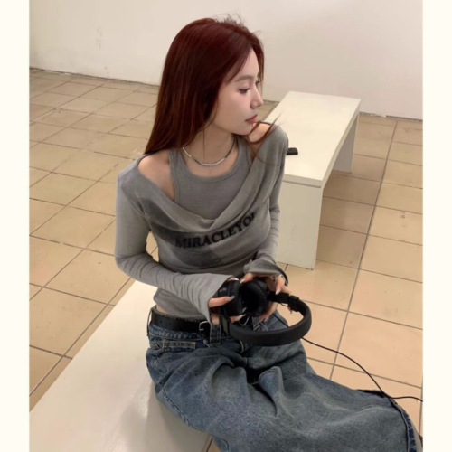 260g free-cut 1*1 fake two-piece printed slim fit one-shoulder long-sleeved off-shoulder T-shirt