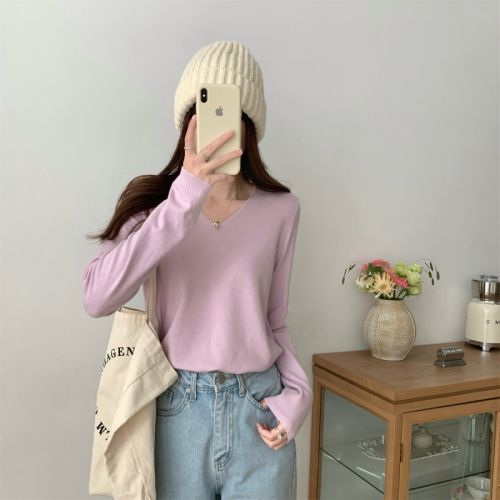 Autumn and winter Korean style v-neck loose 15-color versatile Andy velvet long-sleeved knitted sweater bottoming shirt top