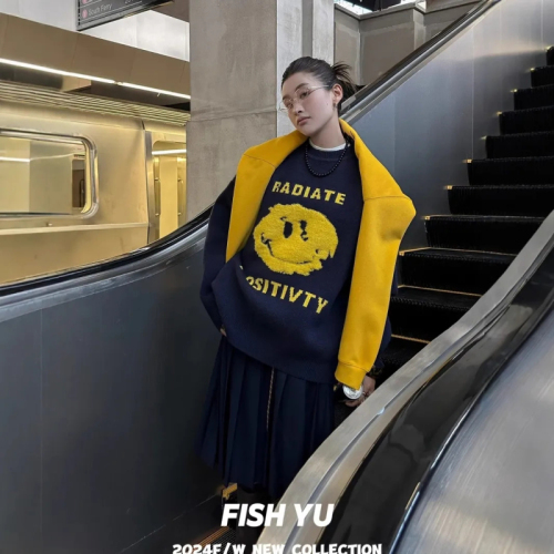 FISHYU秋冬 美式复古笑脸立体提花加厚北极绒圆领宽松毛衣女上衣