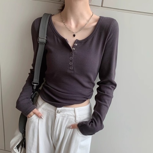 New arrival 40 count pure cotton autumn and winter long-sleeved T-shirt women's slim bottoming shirt solid color buttoned top