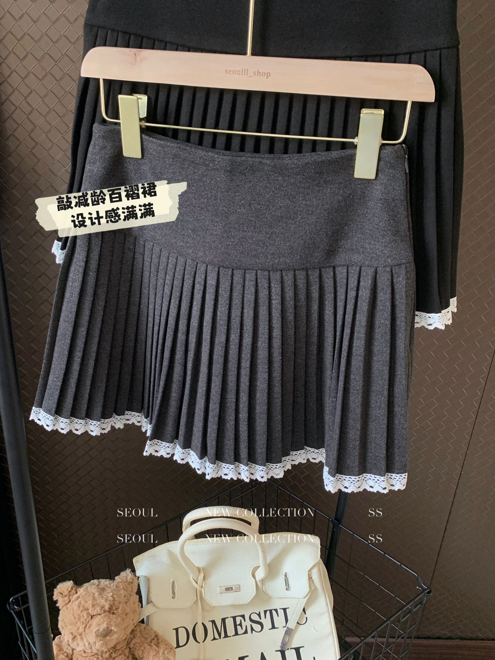 Real shot 2024~Autumn and Winter Korean high waist age-reducing plain lace edge splicing tweed short skirt pleated skirt 