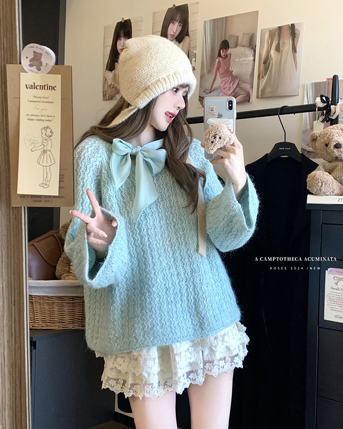 Real shot~ Autumn and winter new Korean style loose lazy bow tie knit outerwear hooded sweater for women 