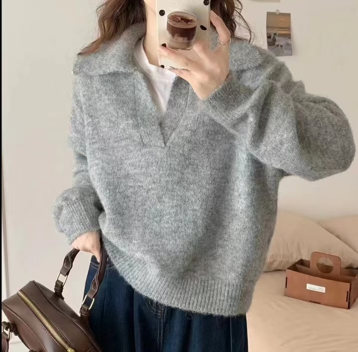 French gentle style retro soft waxy high-end knitted sweater for women in autumn and winter loose lazy style lapel casual top