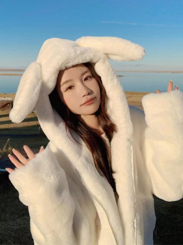 Fufu bunny ears cute lamb plush coat for women winter 2024 new thickened soft and waxy furry cotton coat