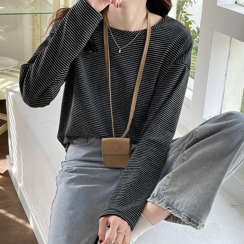 Real shot 300g striped long-sleeved T-shirt 2024 new style lazy style loose casual inner layering shirt