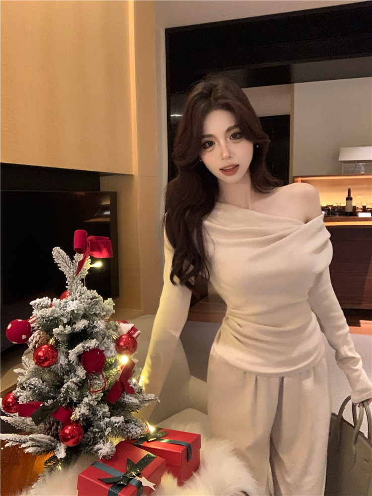 Real shot!  Angled shoulder age-reducing long-sleeved top suit for women with elastic waist and wide-leg casual pants two-piece set