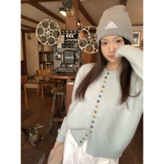 Real shot of autumn and winter Korean style round neck single-row rainbow button arctic velvet sweater long-sleeved sweater jacket top