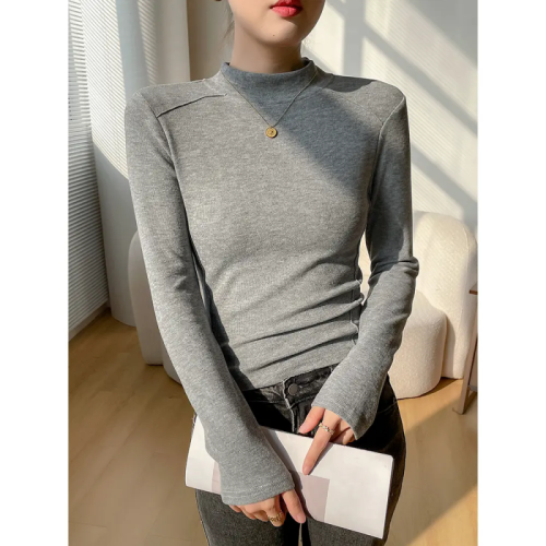 -Original fabric 280g plus velvet half turtleneck stand collar long sleeve T-shirt for women winter fishbone line