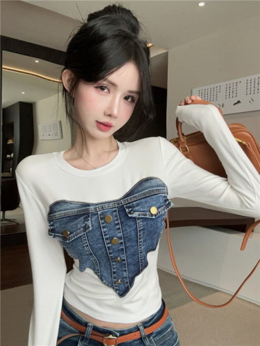 Actual shot~Autumn new Korean version of love heavy industry denim splicing long-sleeved T-shirt hot girl short top for women