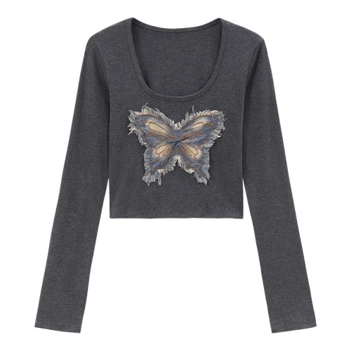 - 260g rayon 1*1 patch butterfly big U-neck long-sleeved T-shirt for women pure lust style right shoulder