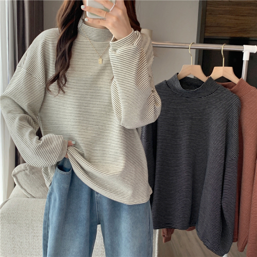 Real shot of autumn and winter half turtleneck loose striped thickened top spring and autumn long-sleeved T-shirt for women ins trend