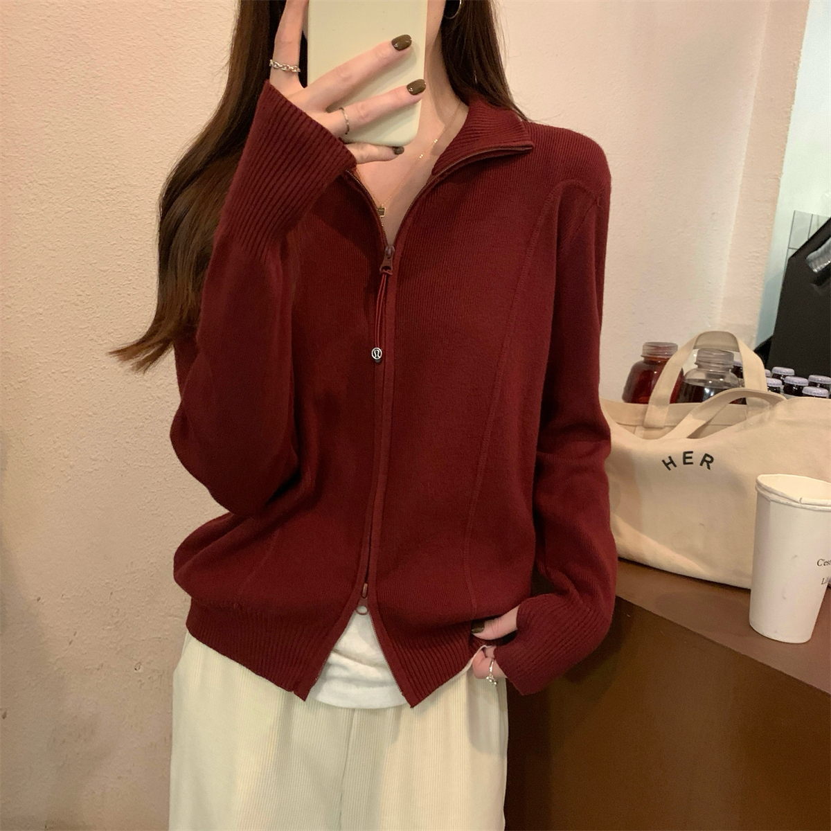 Actual shot of autumn and winter Korean style loose turtleneck herringbone double zipper Andy velvet sweater long-sleeved sweater jacket