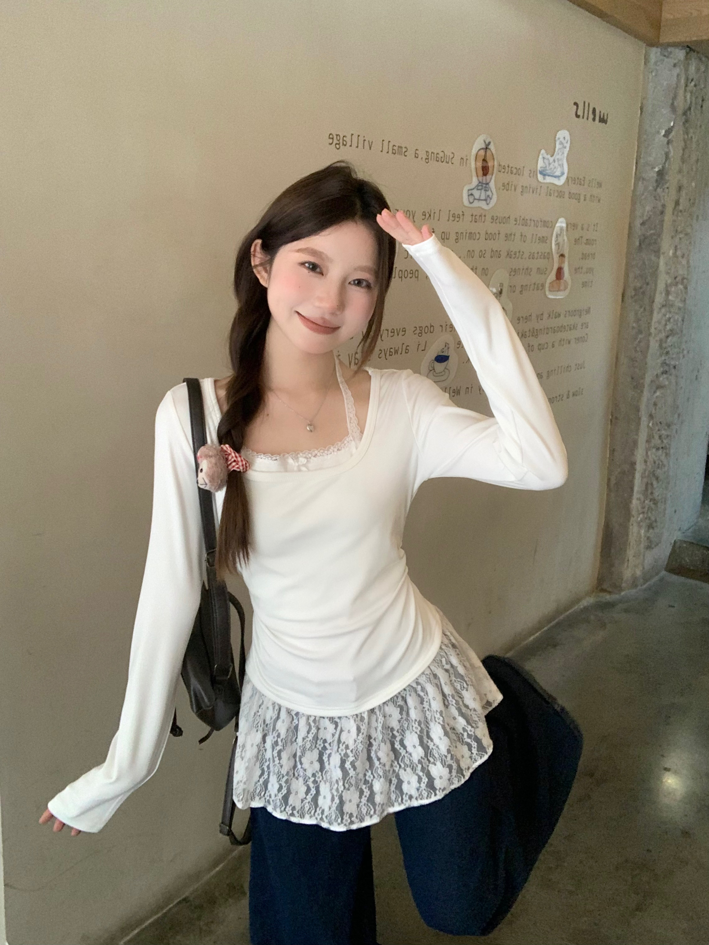 Shooted Coconut Milk Cream Puffs Ballet Style Two-Piece Lace V-Neck Knit Top Women Autumn/Winter Inner Base Layer Shirt