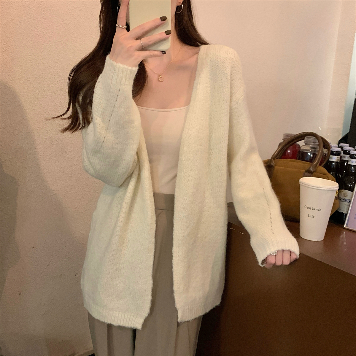 Actual shot of autumn and winter Korean style versatile and lazy woolen sweater cardigan long-sleeved coat sweater