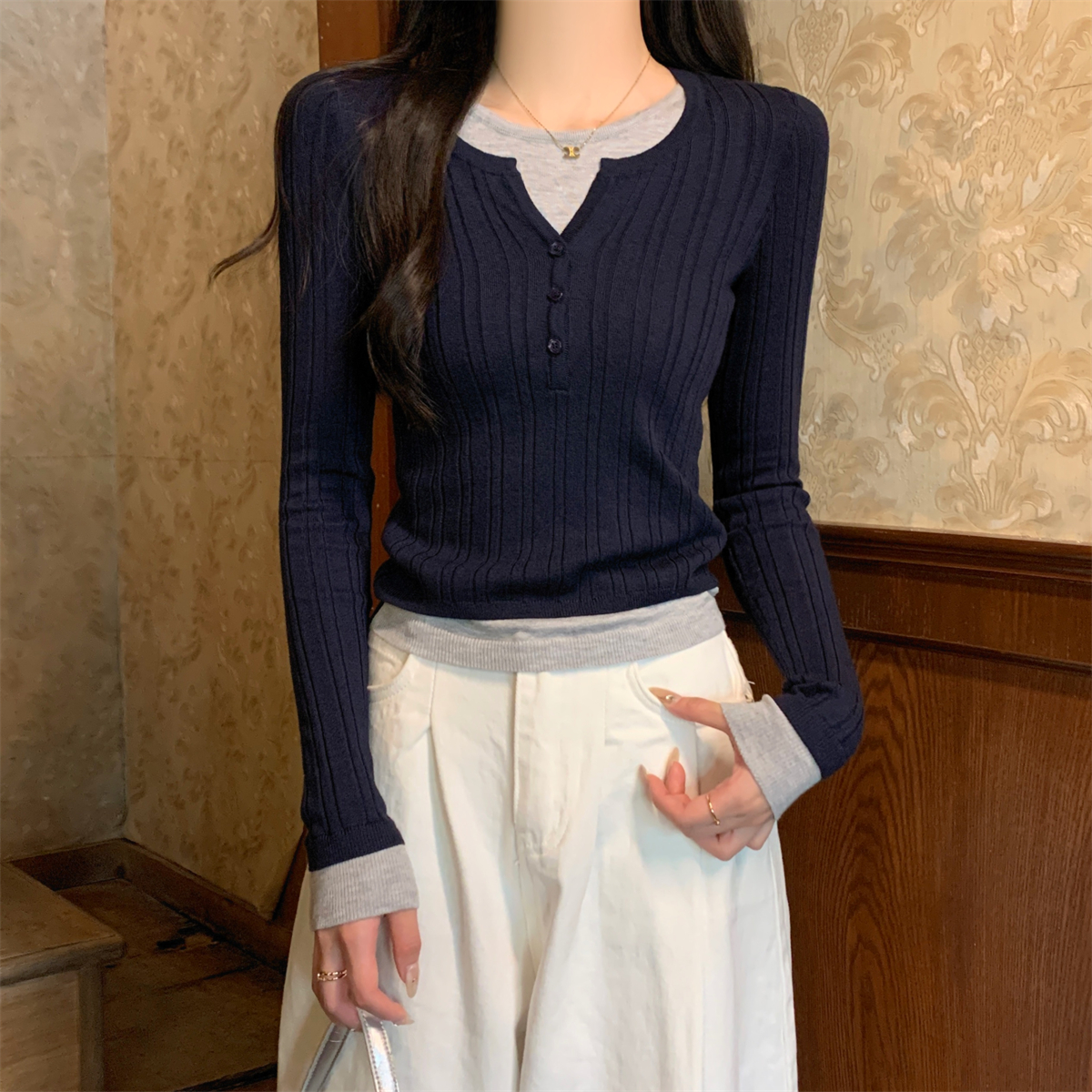 Actual shot of autumn and winter Korean style slim-fit contrasting half-open collar button design 6 wool sweater bottoming sweater for women