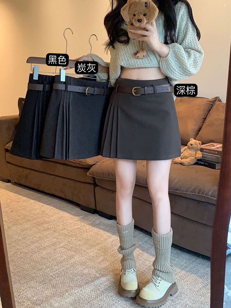 Photographed Designers' Wool Pleated A-Line Skirt, Fall/Winter Versatile High-Waist Slimming Short Skirt with Belt