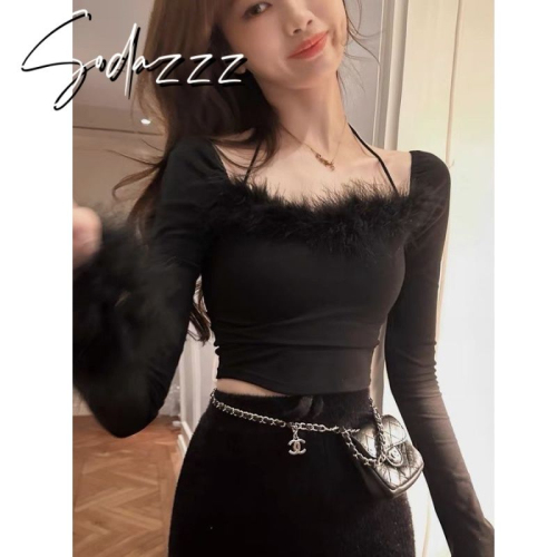 German plush velvet edge long-sleeved T-shirt women's winter new style exposed collarbone slim bottoming shirt top