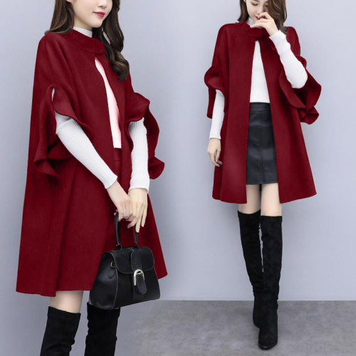 New women's spring, autumn and winter large size mid-length woolen coat women's red British A-line cloak woolen coat