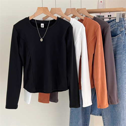 Spring and Autumn Slim German Velvet Bottoming Shirt Women's Short Curved Round Neck Bottoming Shirt with Long Sleeve T-Shirt Women's Korean Top