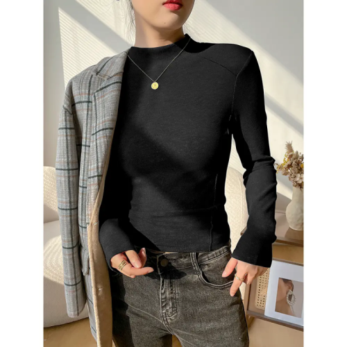 -Original fabric 280g plus velvet half turtleneck stand collar long sleeve T-shirt for women winter fishbone line