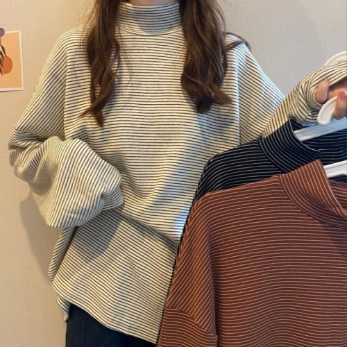 Half turtleneck loose striped thickened all-match top for outer wear and inner base layer winter long-sleeved T-shirt for women ins