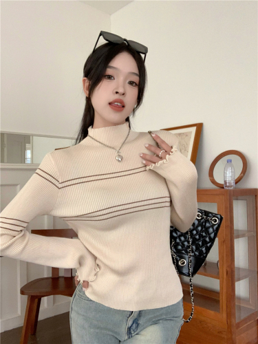 Real shot price Half turtleneck fungus edge long sleeve striped knitted inner layering shirt T-shirt top for women