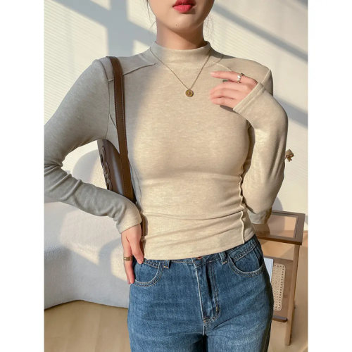 -Original fabric 280g plus velvet half turtleneck stand collar long sleeve T-shirt for women winter fishbone line