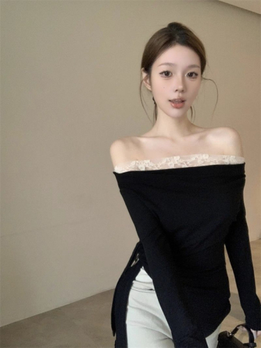 260g rayon modal fake two-piece one-shoulder T-shirt for women with lace stitching long-sleeved slim slit top