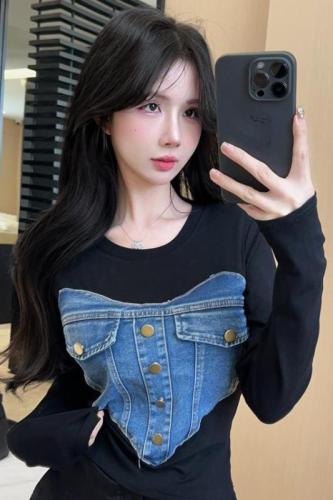 Actual shot~Autumn new Korean version of love heavy industry denim splicing long-sleeved T-shirt hot girl short top for women