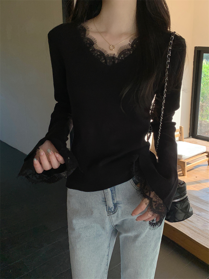 實拍 真 秋冬法式氣質簡約蕾絲拼接V領針織衫女打底長袖上衣