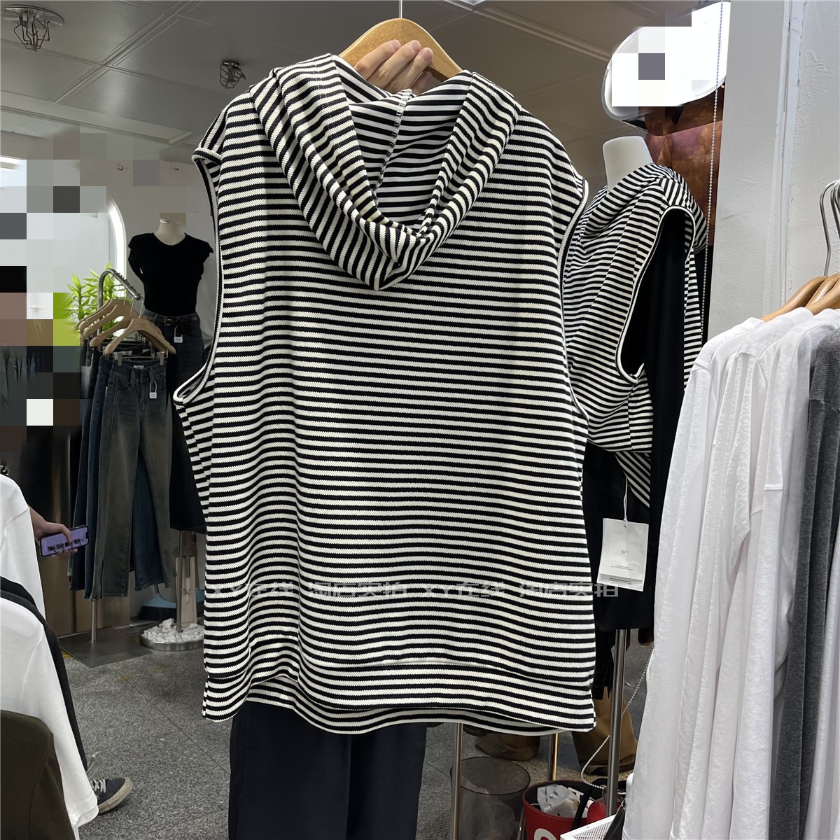 Striped hooded sleeveless sweatshirt for women 2024 spring and autumn American loose layered pullover vest vest sleeveless vest