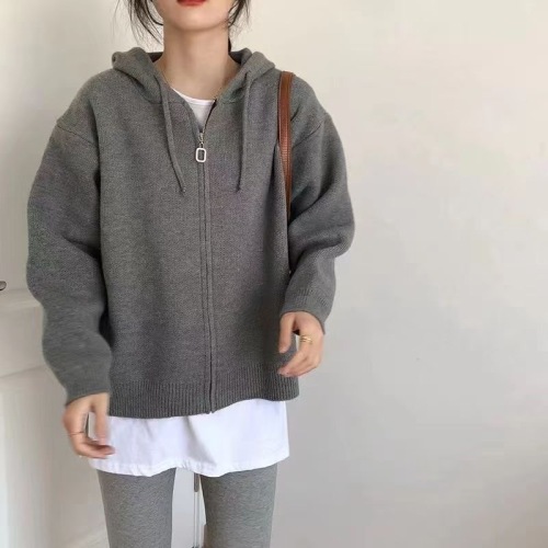 South Korea's Dongdaemun design zipper hooded knitted sweatshirt hoodie fashionable sweater cardigan jacket for women loose