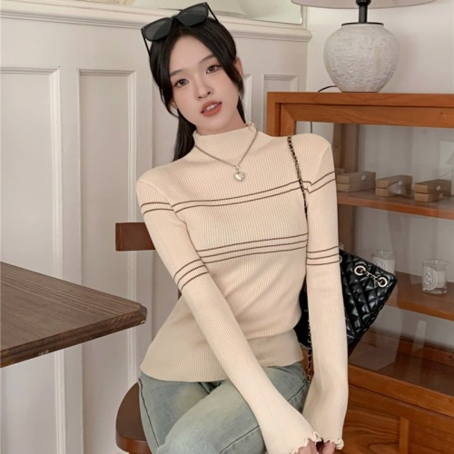 Real shot price Half turtleneck fungus edge long sleeve striped knitted inner layering shirt T-shirt top for women